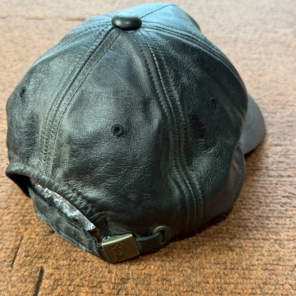 AJM International Black Leather Baseball Cap Jacos Embroidered Logo Hat 0850/8M